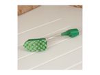 Green and white cleaning brush with a clear handle on a light-colored surface.