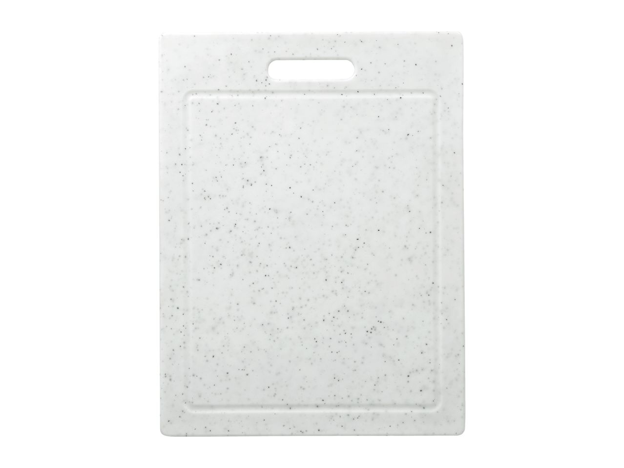 White plastic cutting board with speckled pattern and handle