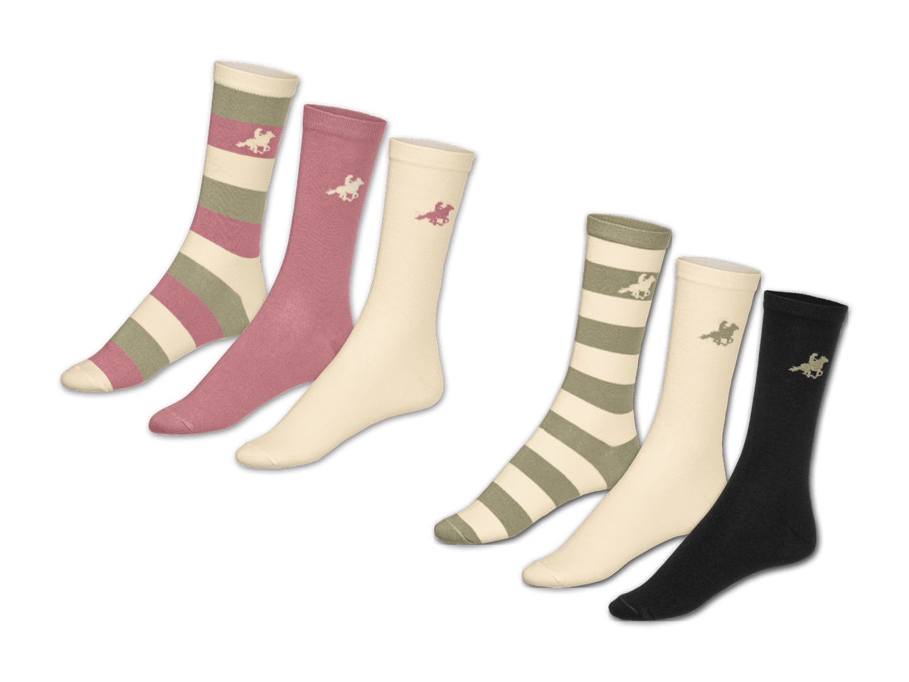 Sechs Paar Damensocken in verschiedenen Farben und Mustern mit Reitermotiv.