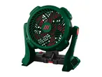 Green and red portable fan with a black base and red power switch