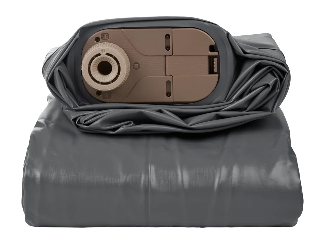 Gray rolled-up inflatable sleeping pad with a brown and beige valve mechanism.