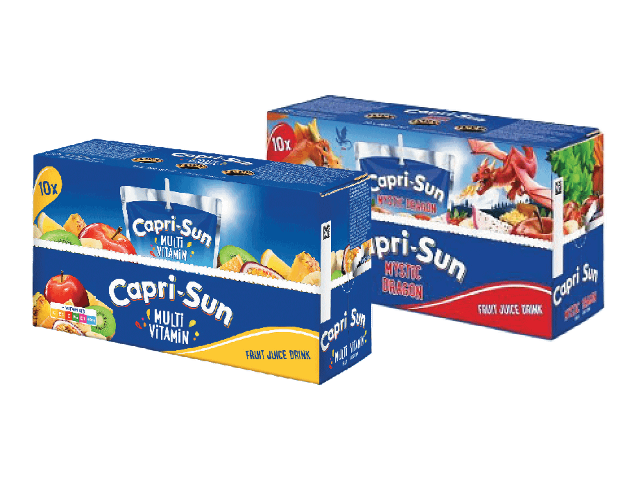 Dvi „Capri-Sun“ sulčių pakuotės: „Multi Vitamin“ ir „Mystic Dragon“ skonių, po 10 vnt. kiekvienoje.