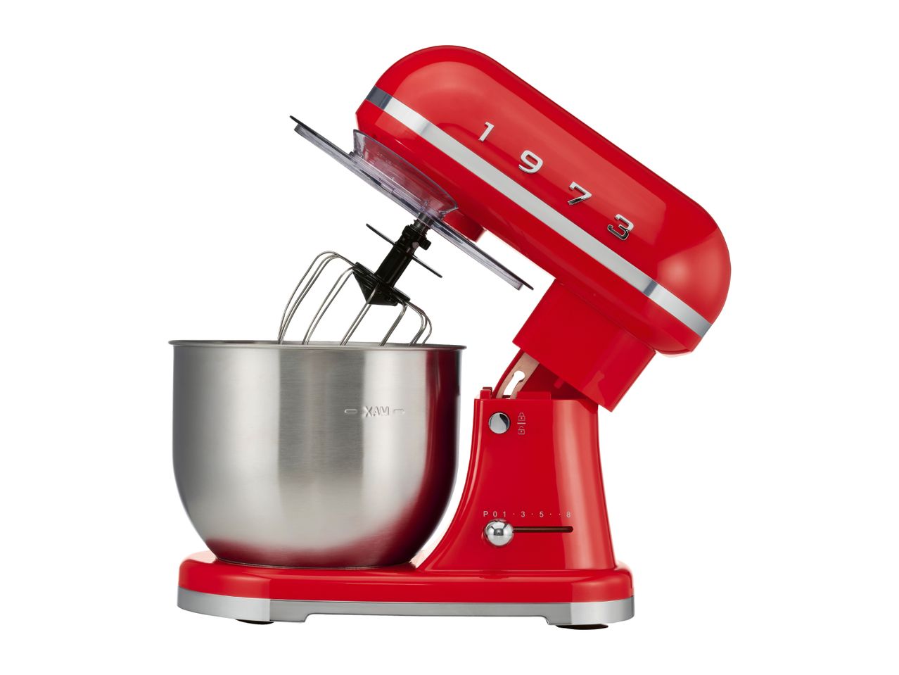 Red retro-style stand mixer with a stainless steel bowl and whisk attachment