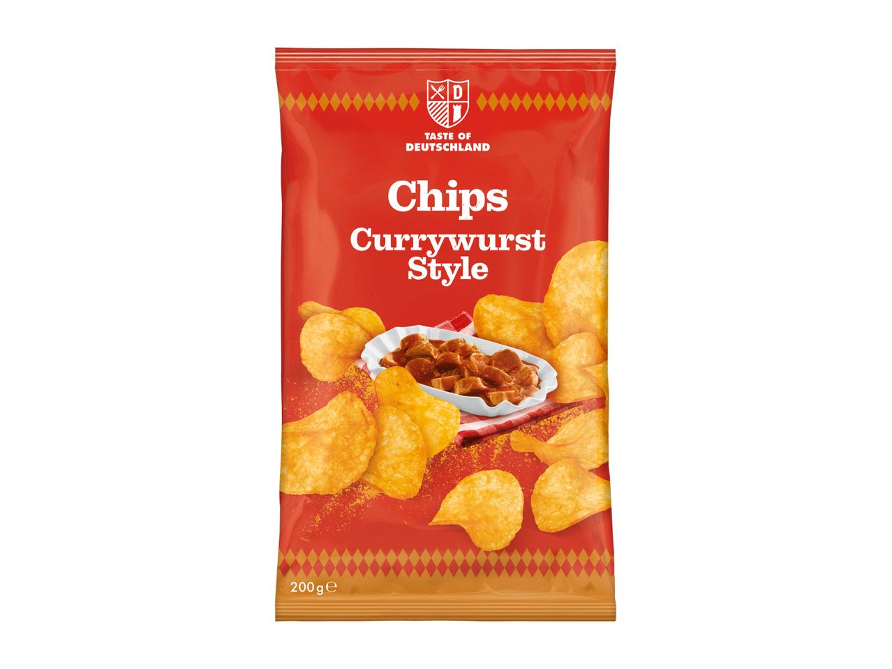 A red packet of chips with a picture of a bowl of currywurst and chips scattered around.