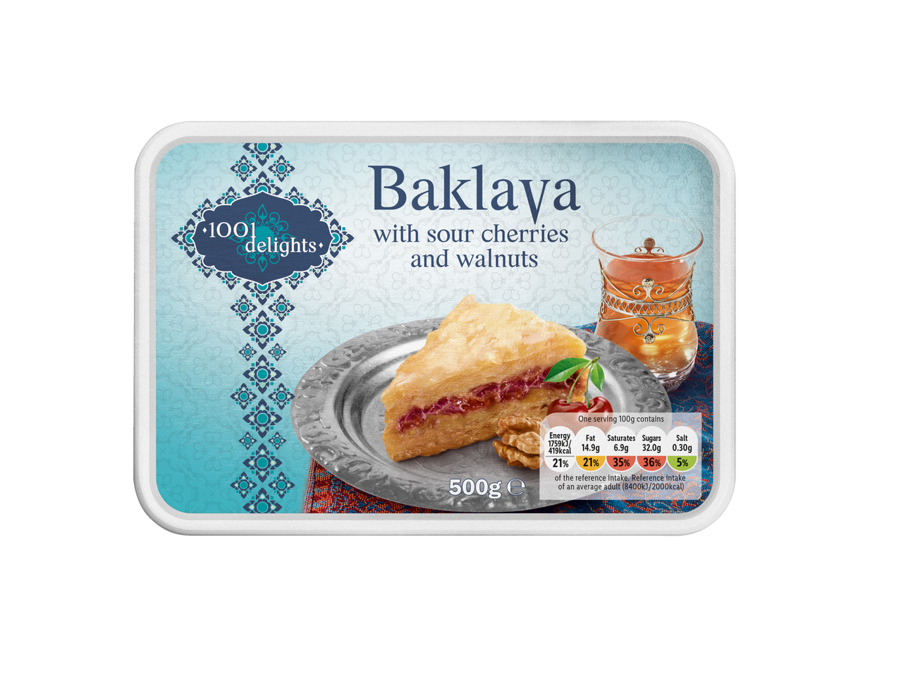 1001 DELIGHTS Baklava with sour cherries and walnuts, 500g, with nutritional information.