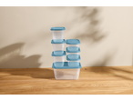 SILVERCREST® Food Storage Container Set with blue lids, stacked on a wooden surface.