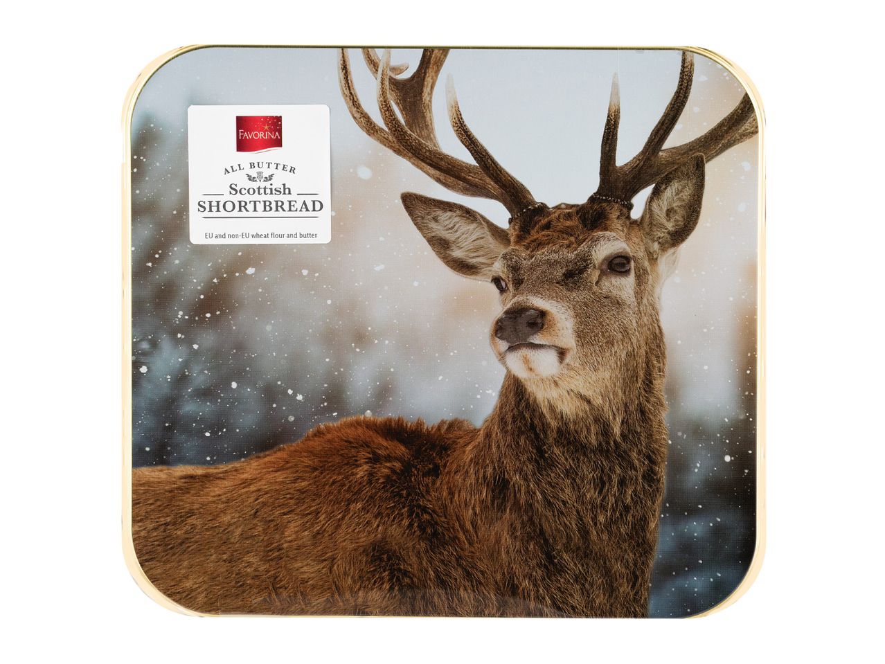 A tin of Scottish shortbread featuring a stag in a snowy forest.