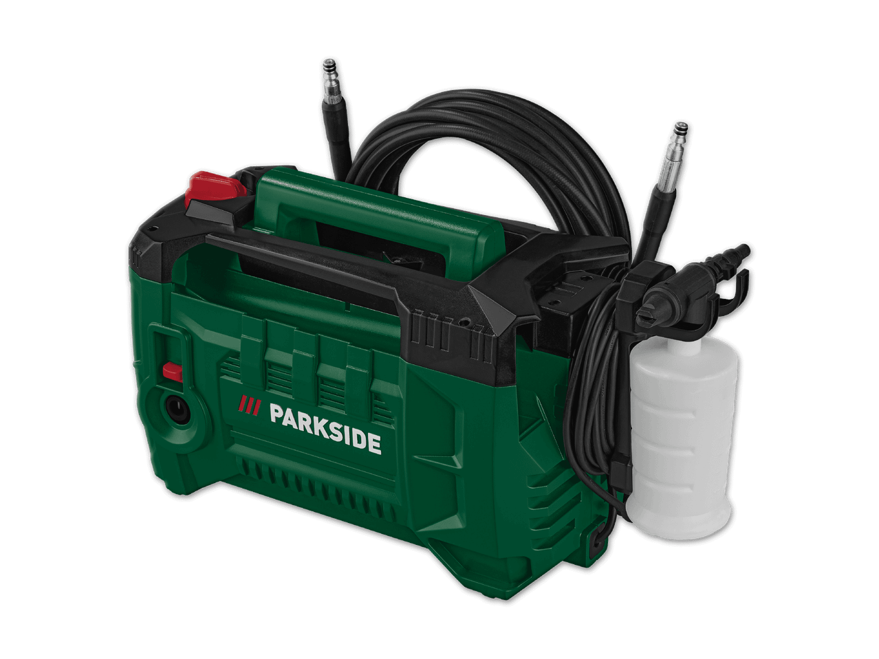 Grüner Hochdruckreiniger mit schwarzem Schlauch und weißem Reinigungsmitteltank