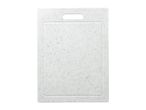 White plastic cutting board with speckled pattern and handle