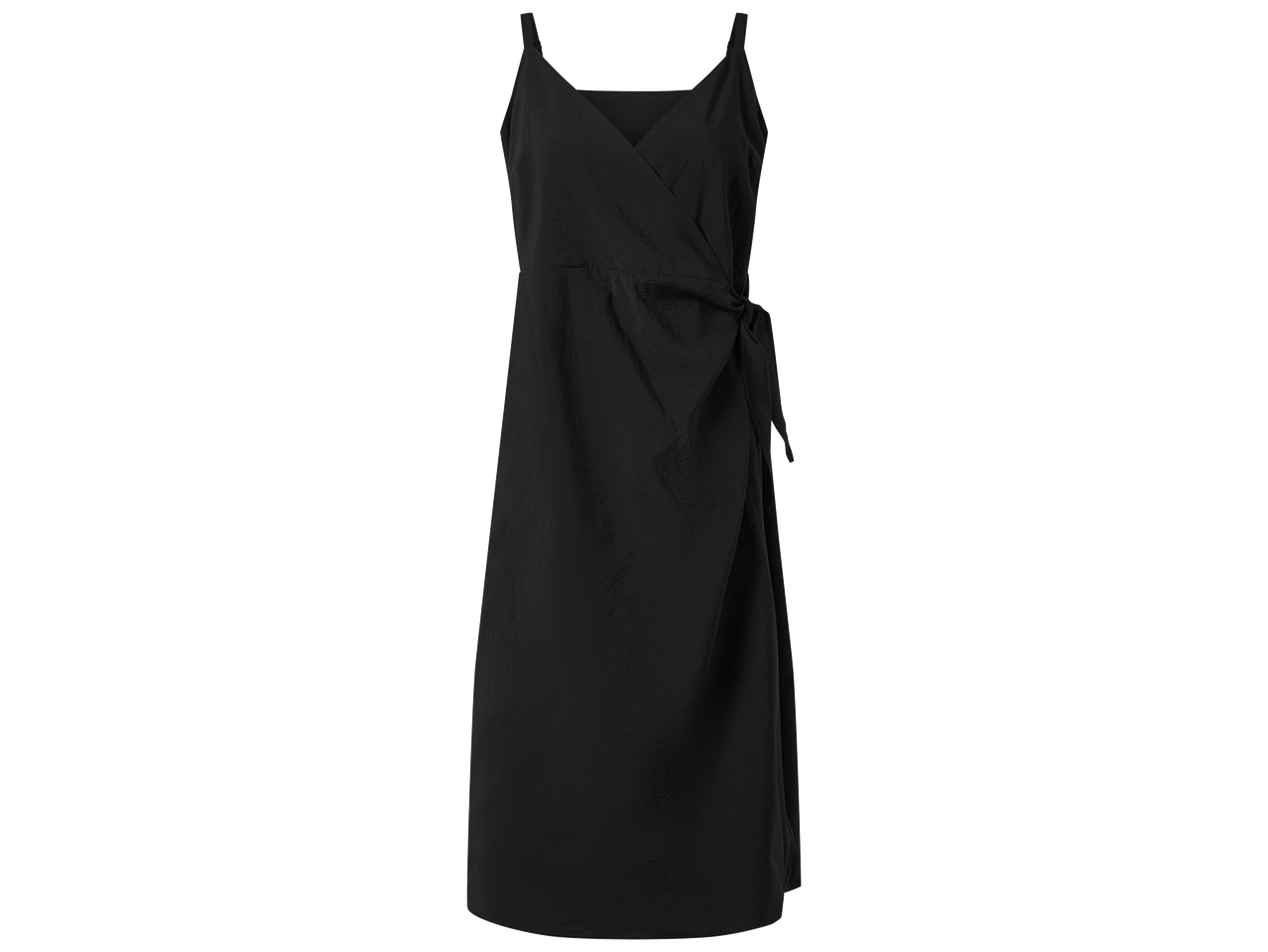 Robe longue noire à bretelles fines et décolleté cache-cœur avec lien à nouer sur le côté.