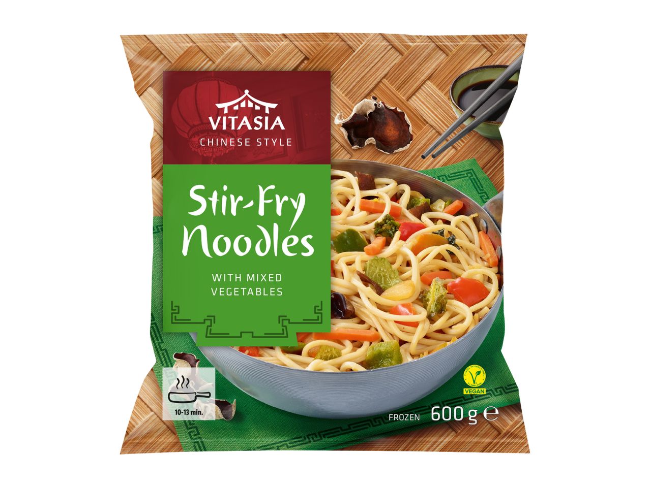 Frozen stir-fry noodles with mixed vegetables, 600g, vegan, cooks in 10-13 minutes.