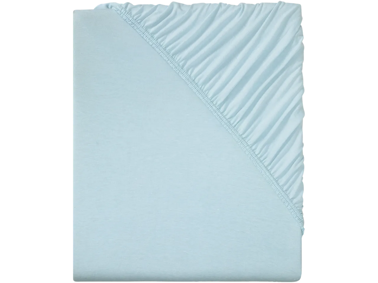 A light blue fitted sheet is shown, folded to display the elastic edge.