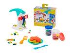 Play-Doh Kitchen Creations pasta maker set with play-doh containers, pasta, and utensils.