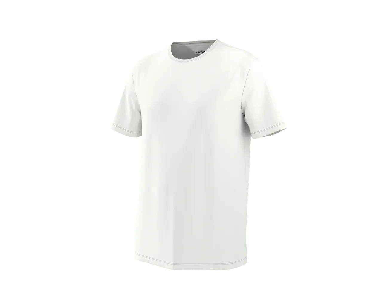 T-shirt blanc uni à manches courtes, avec un col rond et des coutures visibles.