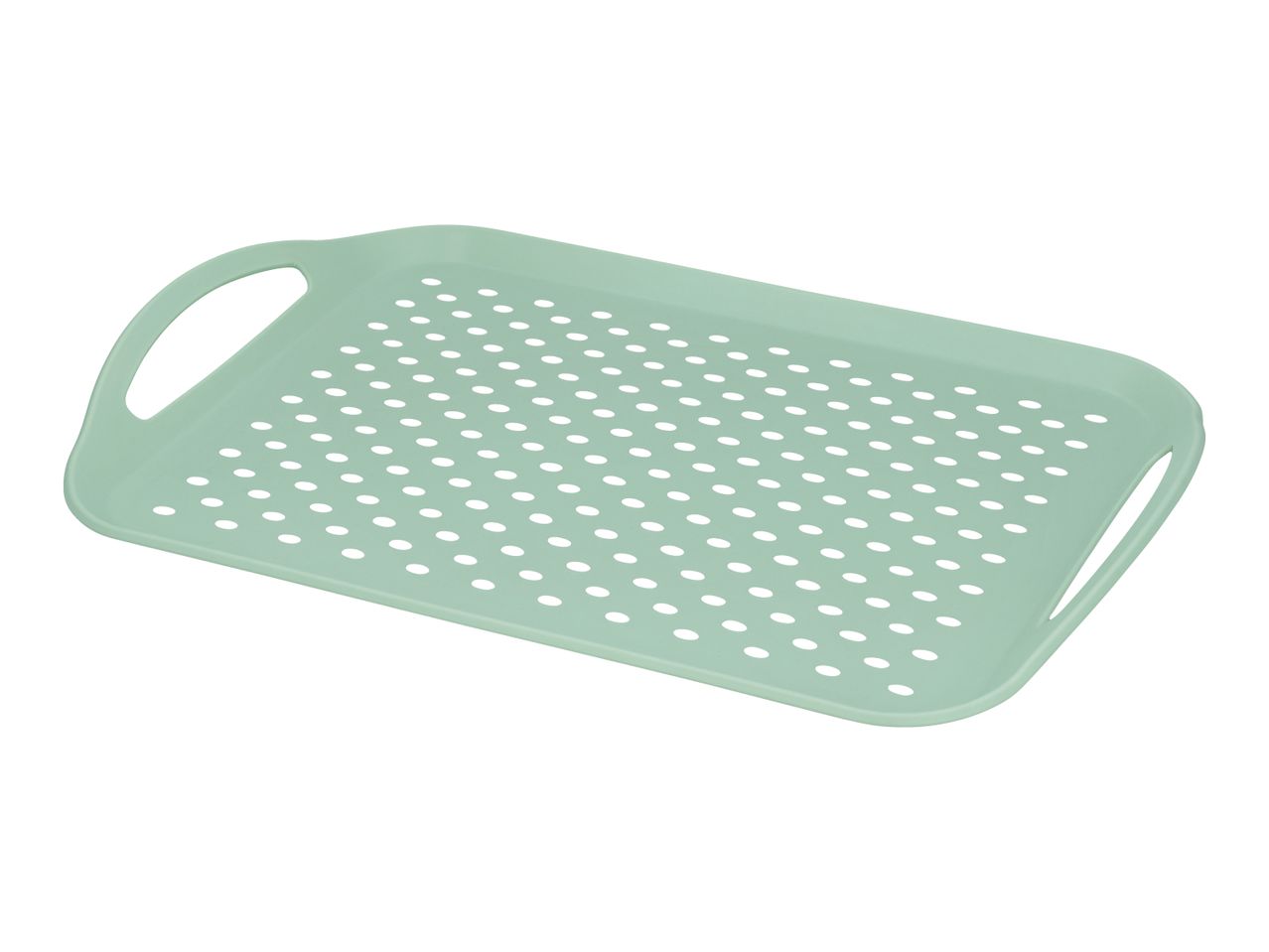 Light green rectangular plastic draining tray with perforated surface and handles.