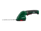 Cordless grass and shrub shears in green and black with a silver blade.