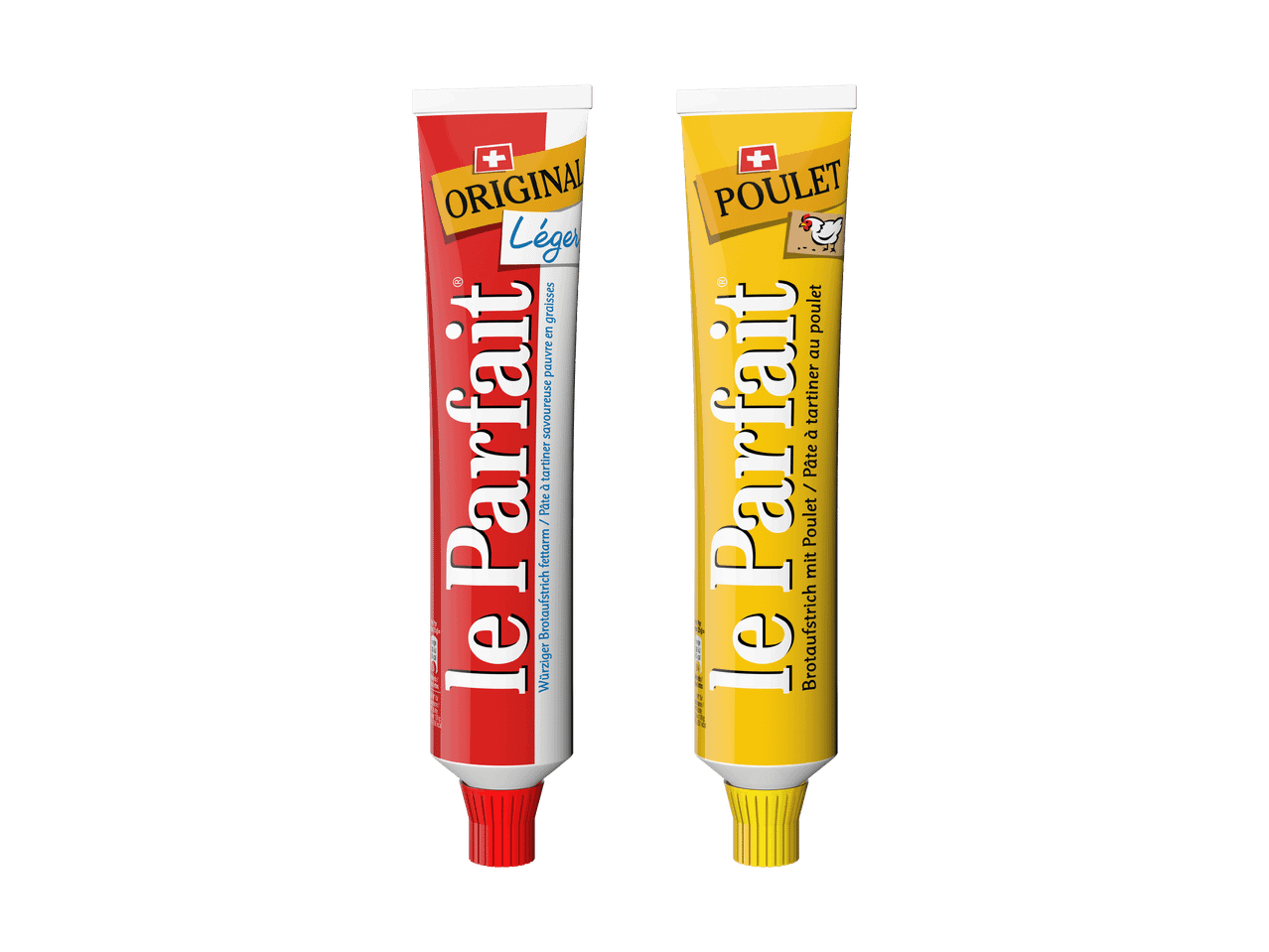 Zwei Tuben Le Parfait Brotaufstrich: Original Léger und Poulet.