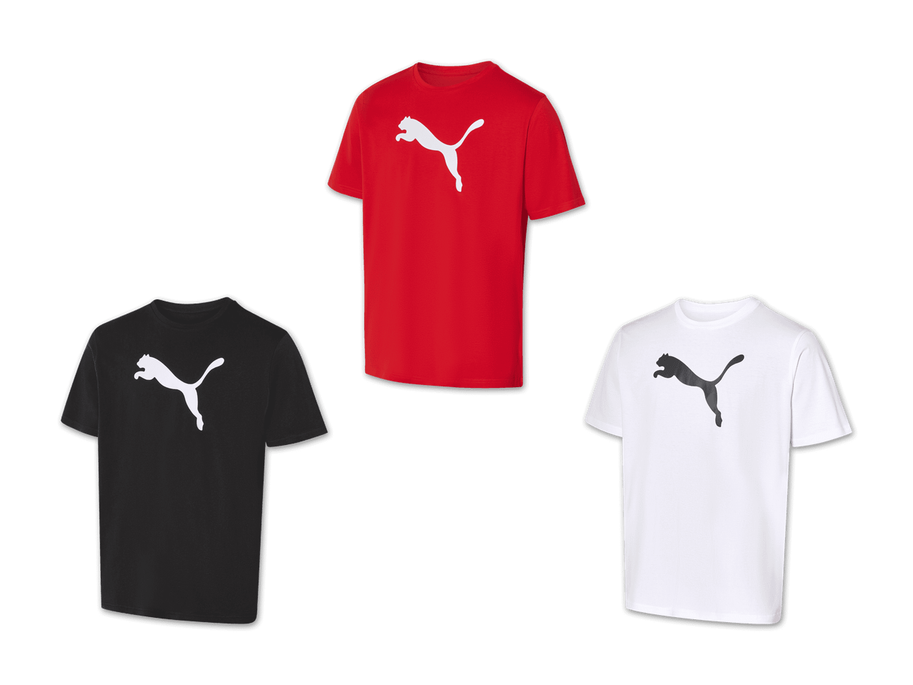 Drei Puma T-Shirts in Rot, Schwarz und Weiß mit weißem bzw. schwarzem Puma-Logo.