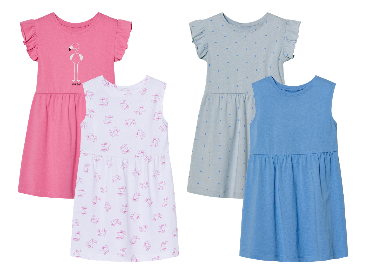 Četiri dječje haljine: ružičasta s flamingom, bijela s tukanima, svijetloplava s točkicama i plava.