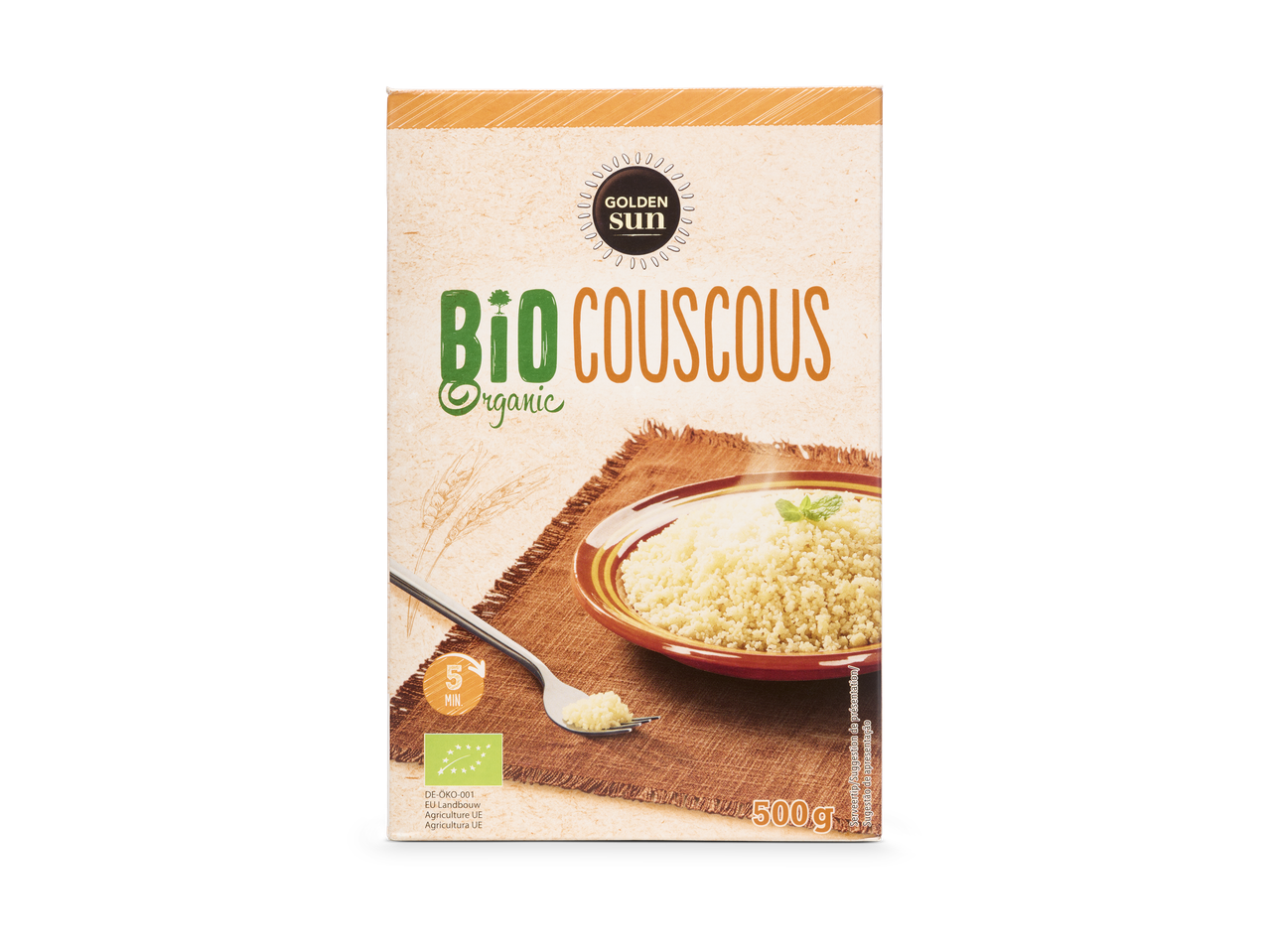 Verpakking van biologische couscous met een afbeelding van bereide couscous, 500g.
