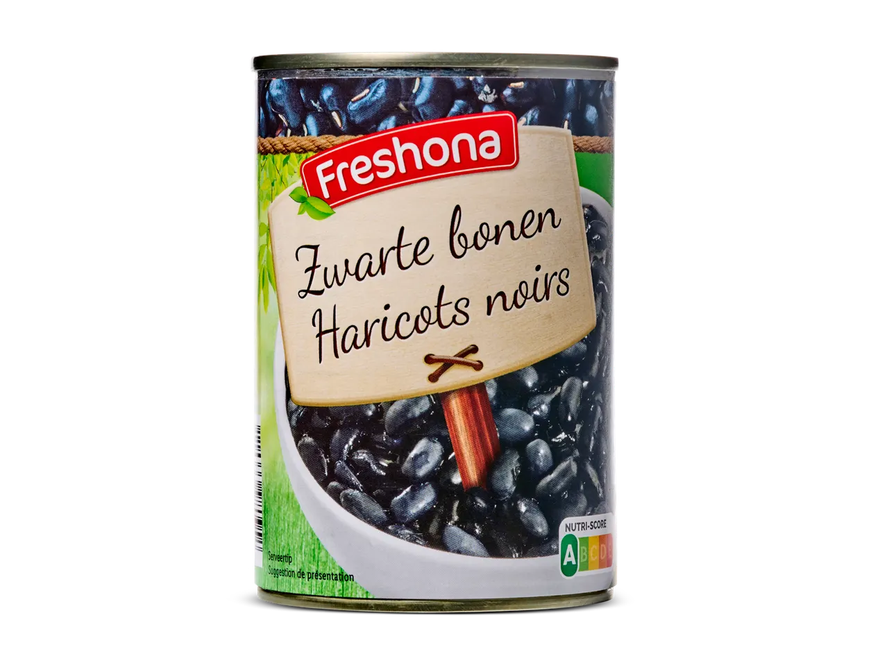 Feshona zwarte bonen: blik ingeblikte zwarte bonen.