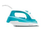 A white and turquoise steam iron with a patterned power cord, viewed from the side.