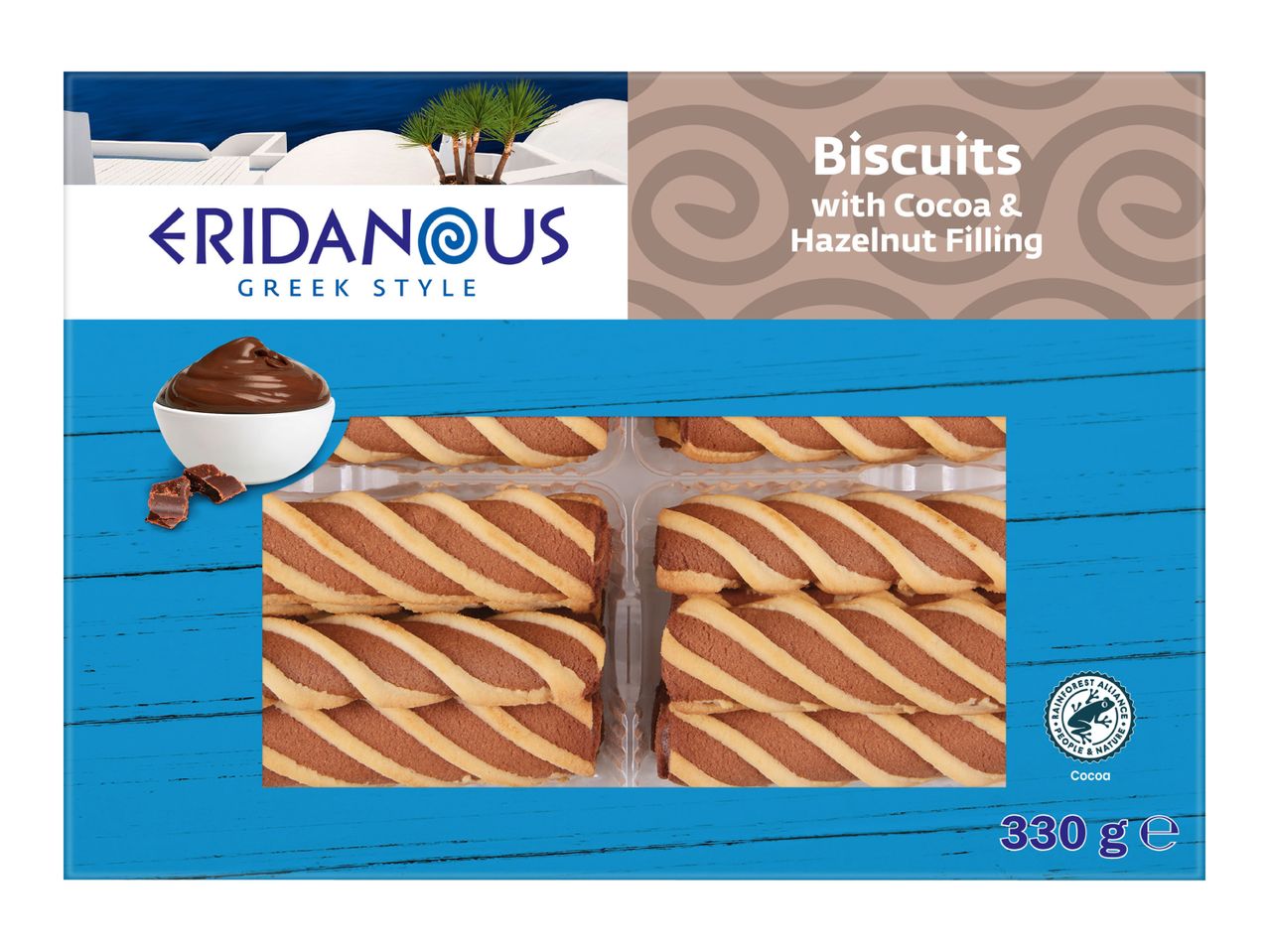 Biscuits with cocoa and hazelnut filling, Greek style, 330g.