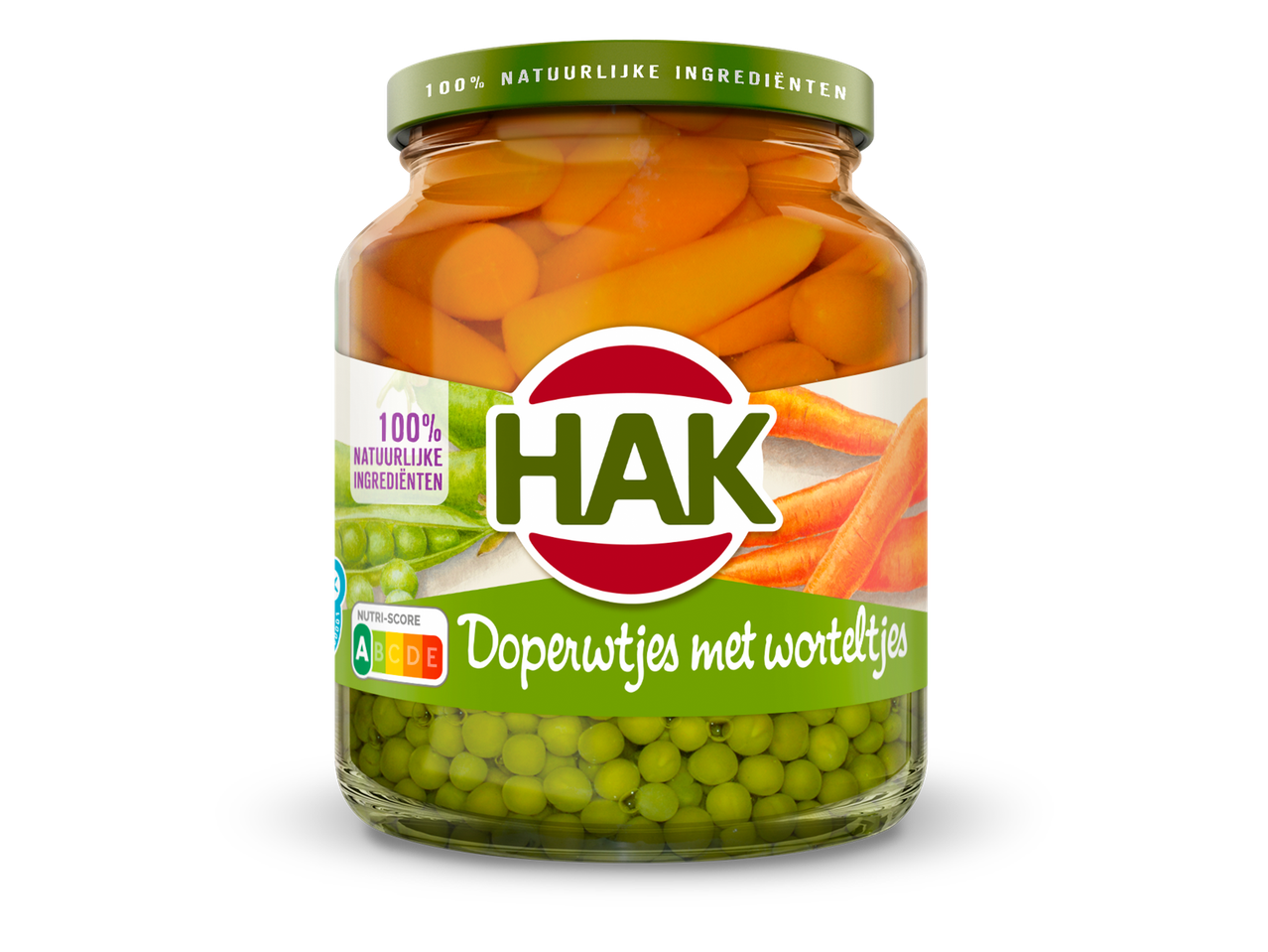 Glazen pot met doperwtjes en worteltjes, met een label dat 100% natuurlijke ingrediënten en Nutri-Score A vermeldt.