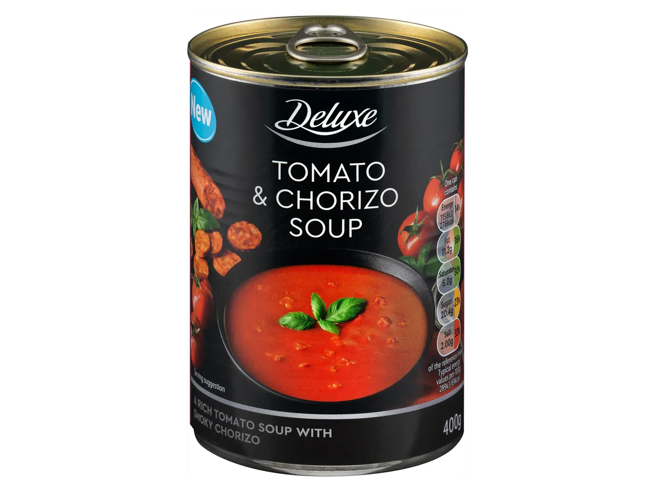 Deluxe Tomato & Chorizo Soup: new canned recipe.