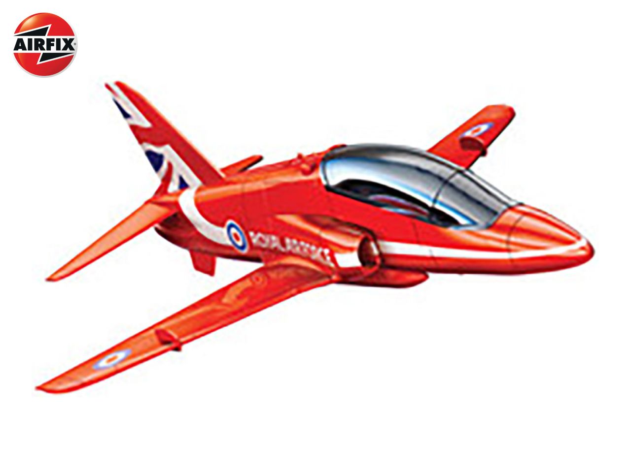 Red toy jet plane with a clear canopy and British flag markings.