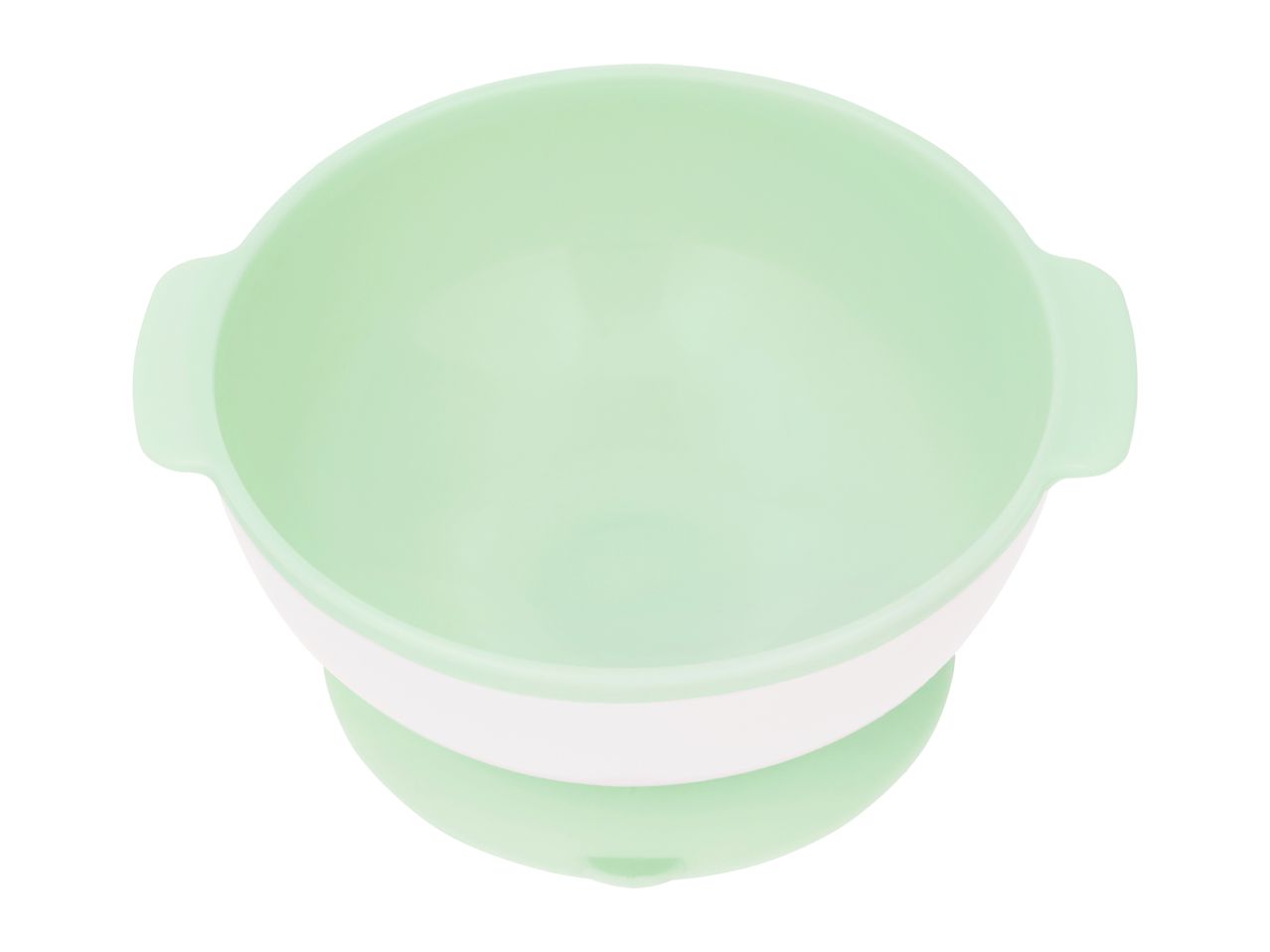 Light green and white collapsible silicone bowl with handles, top view