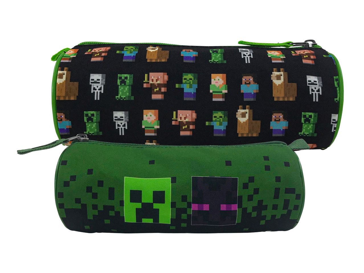 Zwei Minecraft-Federmäppchen: eines mit Creeper-Motiv, das andere mit verschiedenen Minecraft-Charakteren.