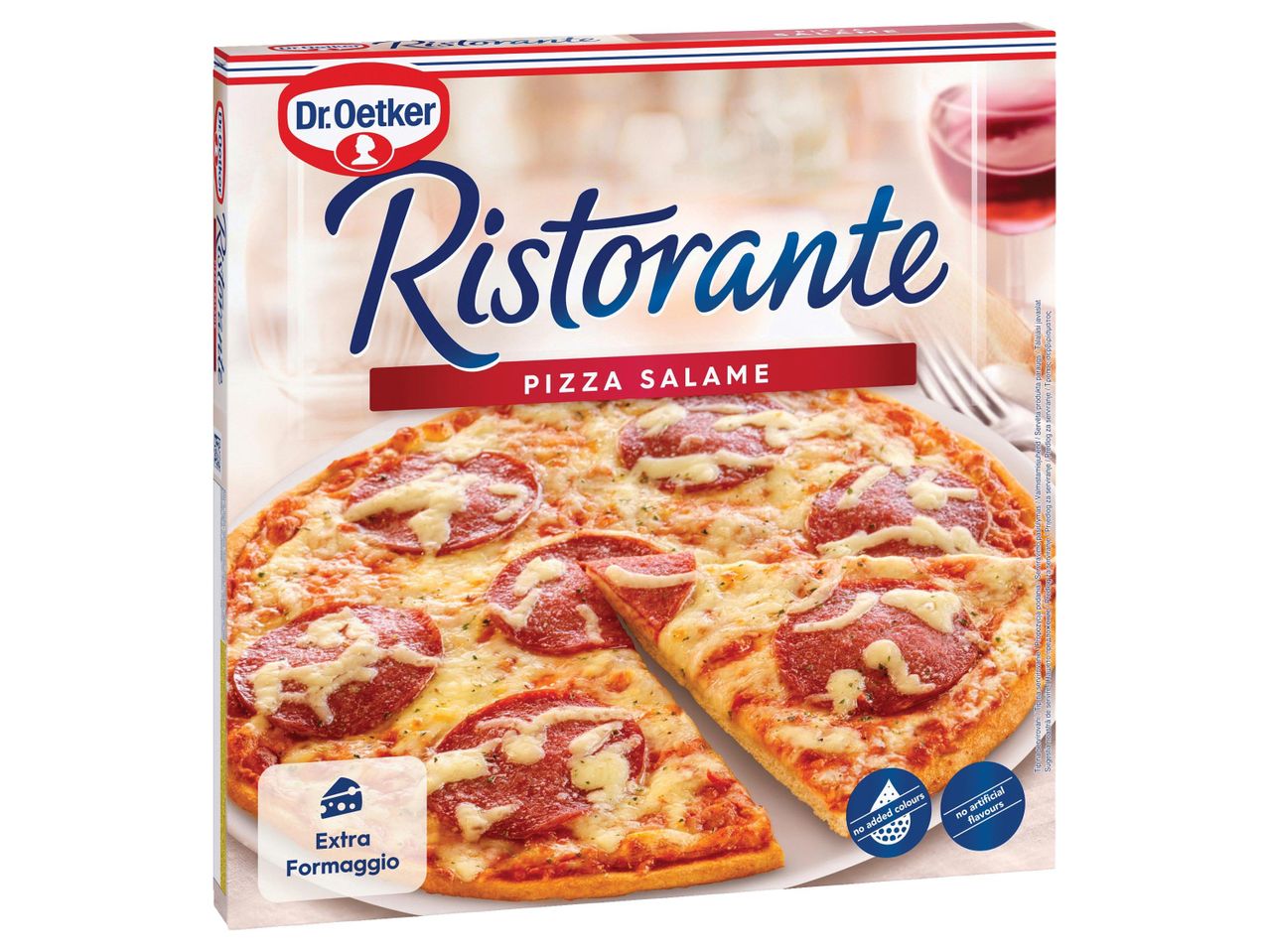 Dr. Oetker Ristorante Pizza Salame: extra sajttal, mesterséges színezék és aroma nélkül.