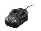 Black power tool battery charger with a green light indicator and a power cord.