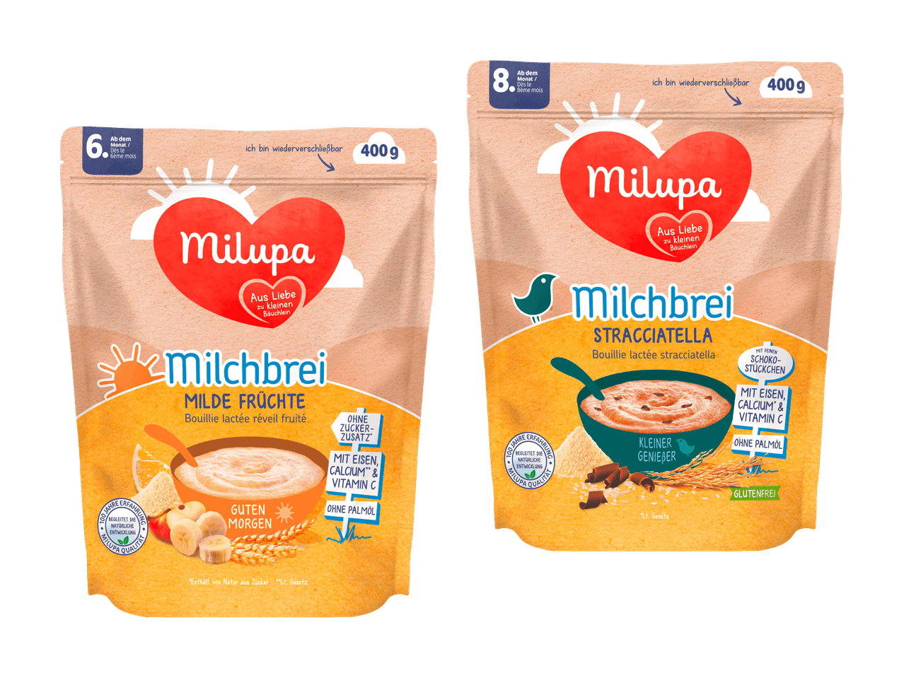 Zwei Packungen Milupa Milchbrei, eine mit Früchten und eine Stracciatella.