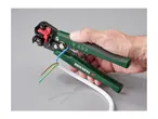 Hand holding automatic wire stripper, stripping a blue wire from a white cable.