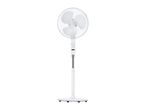 White pedestal fan with three blades and a round base.