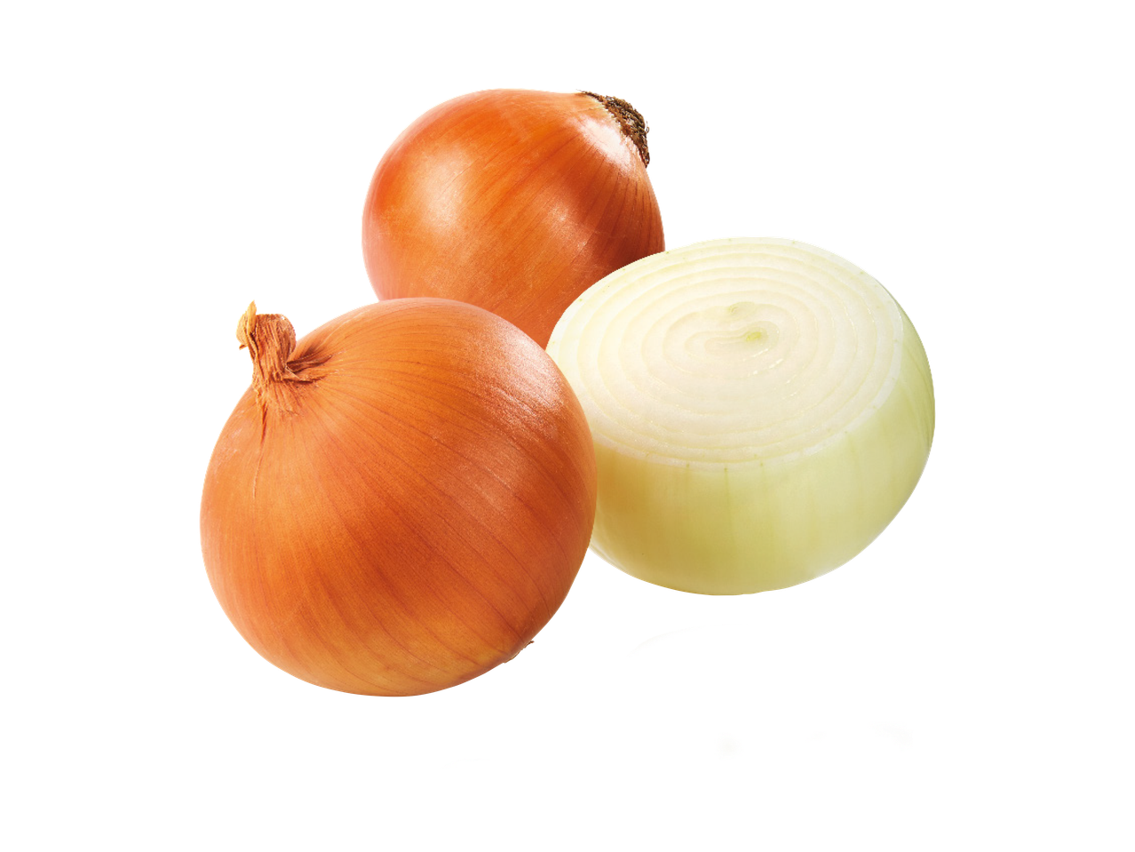 Kaks tervet ja üks poolitatud sibul mustal taustal.