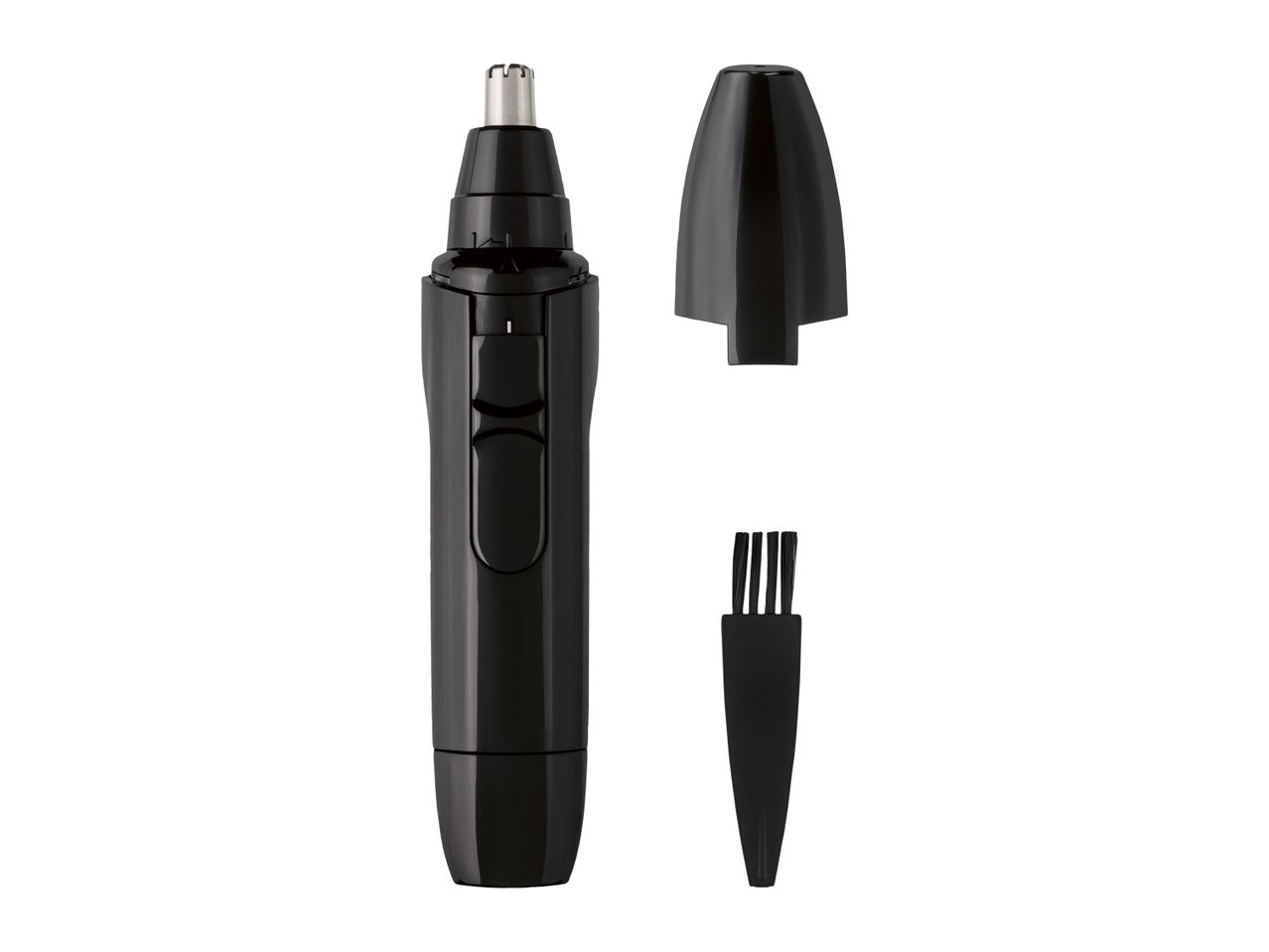 Black nose and ear hair trimmer with cap and cleaning brush.