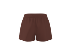 Pantaloni scurți maro de damă cu talie elastică, vedere din spate.