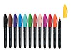 A row of colorful permanent markers, including black, brown, purple, blue, green, and red.