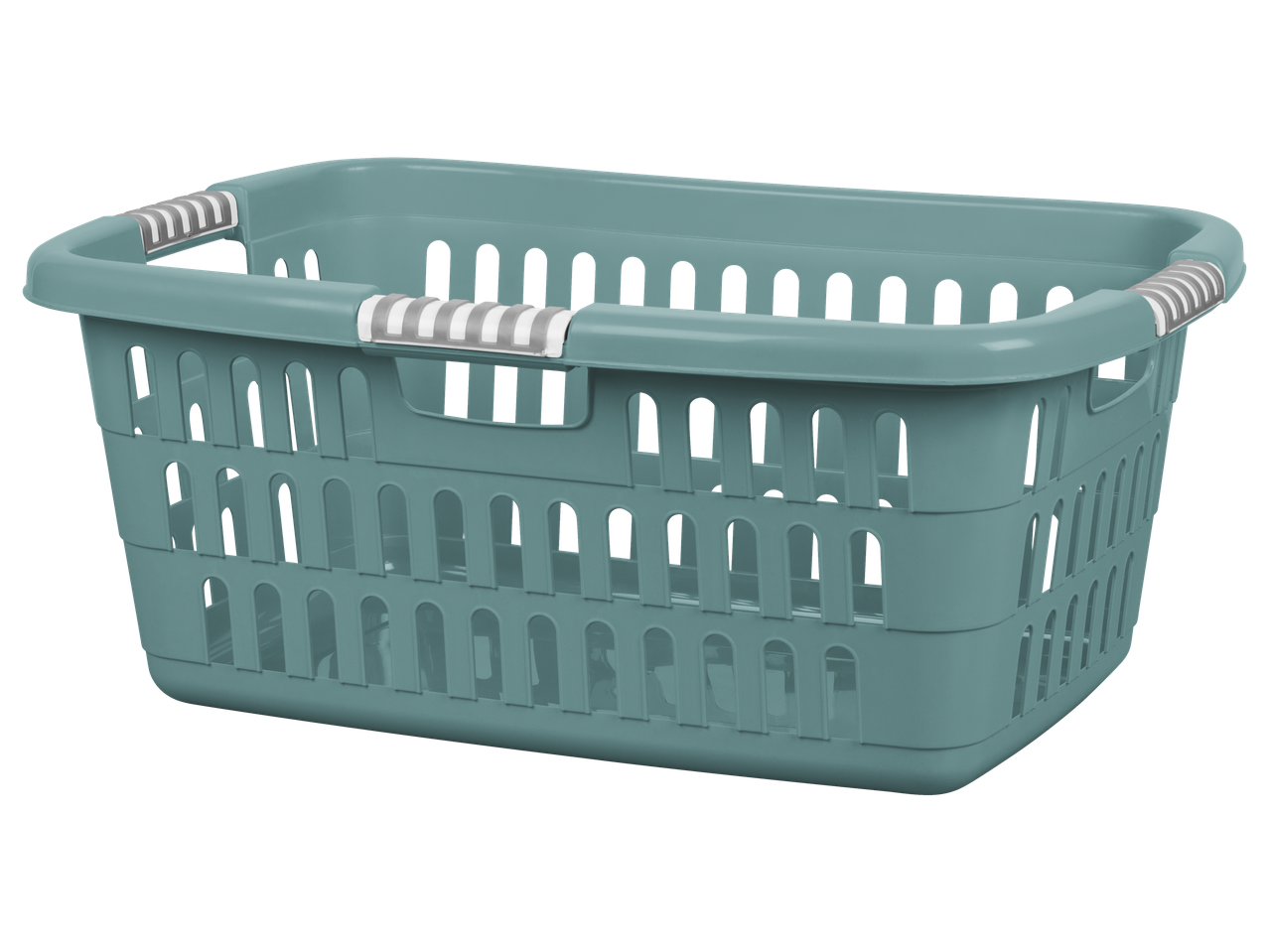 Plastični koš za perilo, modro-zelene barve, z ročaji.