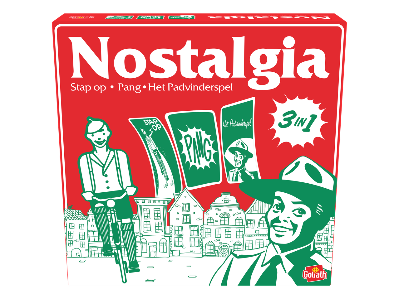 Rood bordspel met de tekst 'Nostalgia', 'Stap op', 'Pang' en 'Het Padvinderspel', met illustraties van mensen en huizen.