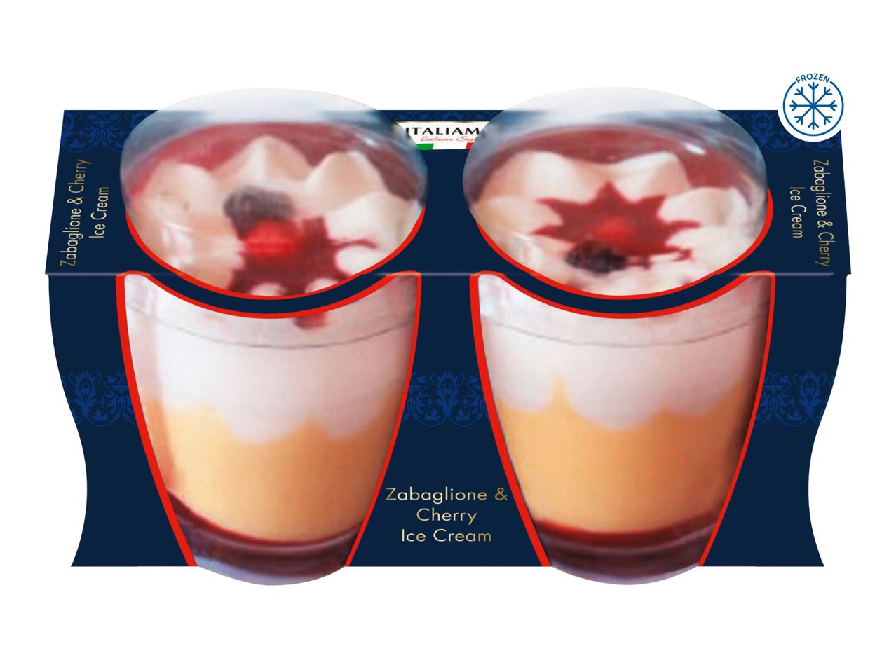 Two Zabaglione & Cherry Ice Cream desserts in clear cups, with a frozen symbol.