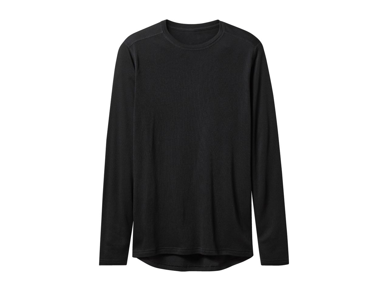 Black long-sleeved crew neck shirt with a rounded hem