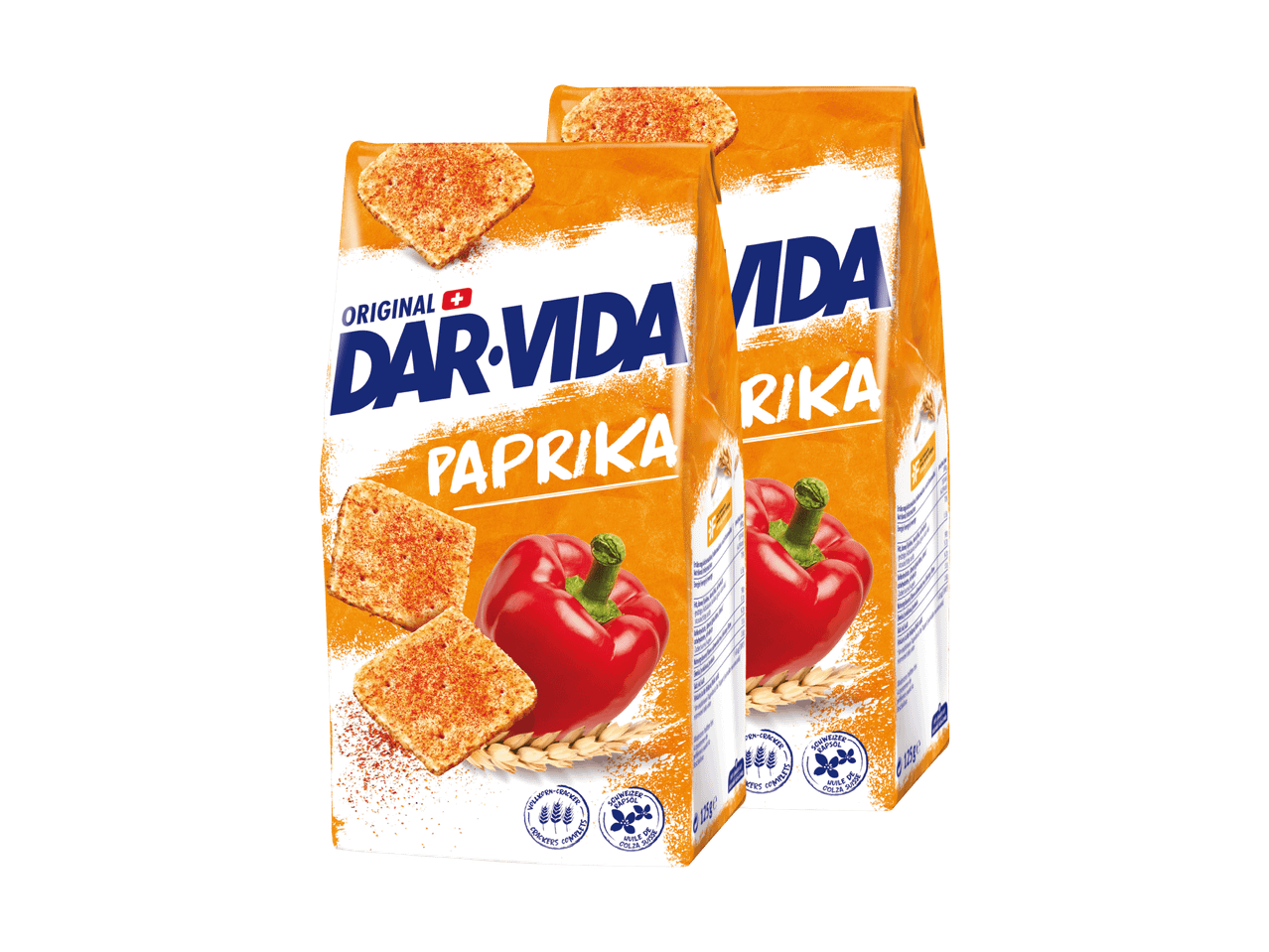 Zwei Packungen Dar-Vida Paprika Cracker mit roten Paprika und Weizenähren.