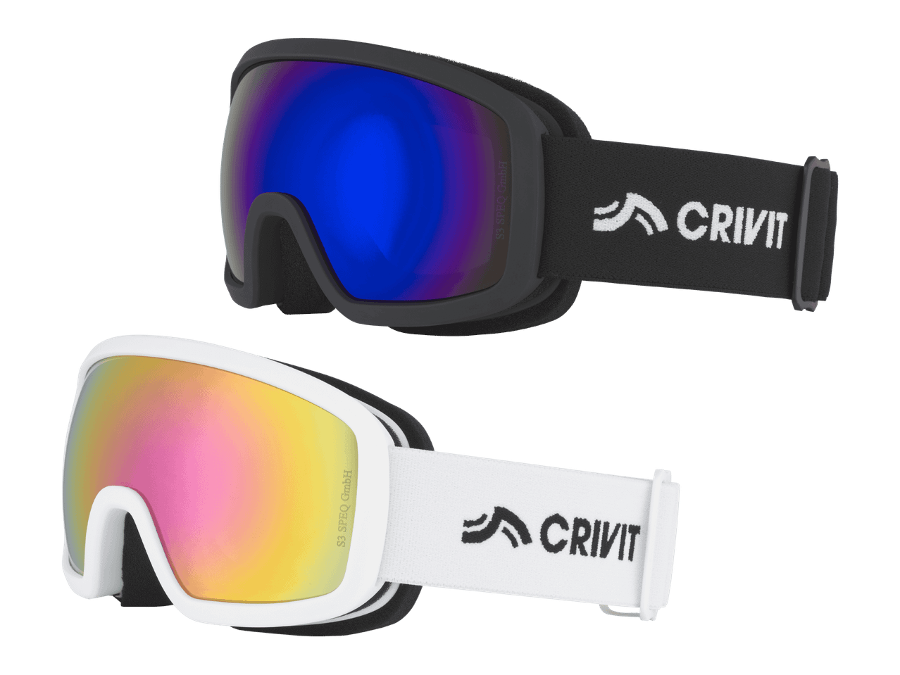 Kaksi CRIVIT-laskettelulasia: mustat sinisillä linsseillä ja valkoiset monivärisillä linsseillä.