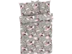 Floral bedding set with a sage green background and pink flowers.