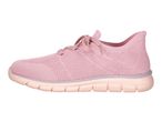A single light pink knitted sneaker with matching laces and a light peach sole.