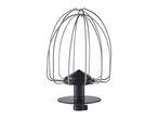 A whisk attachment for a stand mixer, featuring a black base and silver wire loops.